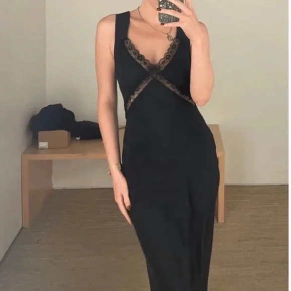 Reformation Provence Silk Midi Dress - Black Noir Lace Trim Soft Cocktail Party - Picture 3 of 12